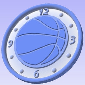 May include: A blue and white basketball clock with the numbers 12, 9, 6, and 3.