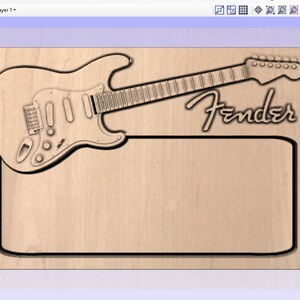 May include: A wood cutout of a Fender electric guitar with the Fender logo above a blank rectangular space.