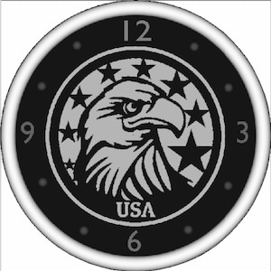 May include: Black and white clock with a bald eagle and stars design. The clock face says "USA" and has the numbers 12, 9, 6, and 3.