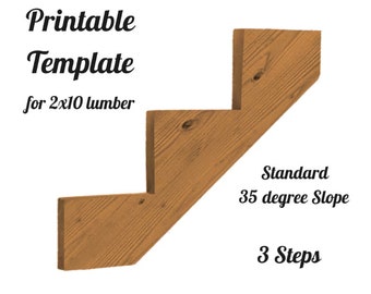 Puede incluir: Plantilla imprimible para madera de 2x10, que muestra una escalera de tres peldaños con una pendiente estándar de 35 grados.