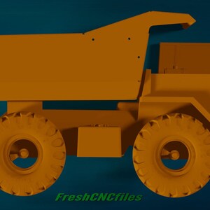 May include: A side view of a large, orange toy dump truck with a raised bed. The truck has large, knobby tires and a detailed cab.