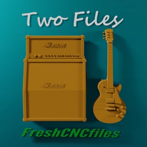 May include: Two brown Marshall guitar amplifiers and a brown electric guitar with the text "Two Files" and "FreshCNCfiles" on a teal background.