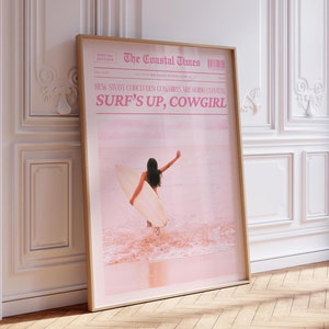 Coastal Cowgirl Wall Art Newspaper Print Poster New York News Beachy Western Print Pink Art Prints Trendy Wall Art Aesthetic Decor Pink Dorm