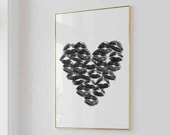 Lips Heart Print, Black and White Fashion Wall Art (Digital Print)