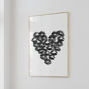 Kiss Lips Wall Art Trendy Wall Art Lips Print Black And White Prints Aesthetic Digital Prints Preppy Dorm Fashion Wall Art Make Up Art
