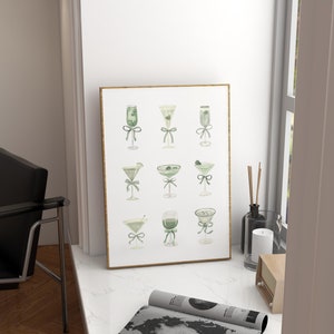 Bar Cart Prints Trendy Wall Art Cocktail Art Sage Green Digital Girly Art Print Bow Coquette Decor Sage Prints Aesthetic Preppy Dorm Prints
