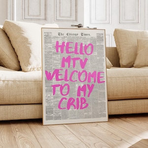 Hello MTV Welcome To My Crib Pink Wall Art Trendy Wall Art Preppy Art Print Cute Dorm Decor Teen Girl Room Decor Girly Dorm Poster 70s Style