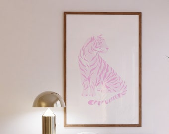 Pink Tiger Art Print, Preppy Eclectic Room Decor (Digital Download)