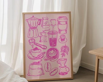 Pink Coffee Bar Print, Trendy Kitchen Wall Art (Digital Download)