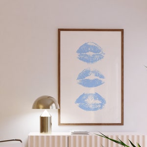 Blue Art Prints Kiss Lips Wall Art Trendy Wall Art Lips Print Preppy Dorm Digital Download Fashion Wall Art Aesthetic Wall Art Printable image 2