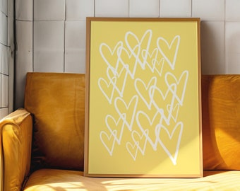 Yellow Hearts Poster, Trendy Dorm Wall Art (Digital Print)