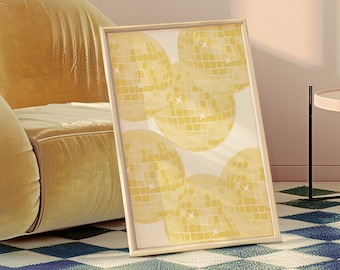 Yellow Disco Ball Print, Funky Preppy Wall Art (Digital Download)