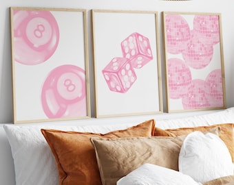 Pink Gallery Wall Art Set: 8-Ball, Dice, Disco Balls (Digital Download)