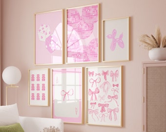 Roze muurkunstset Trendy galerijmuurset van 6 Roze kunstprint Preppy prints College Dorm Decor Roze kunstprints Esthetische prints Bow Wall Art