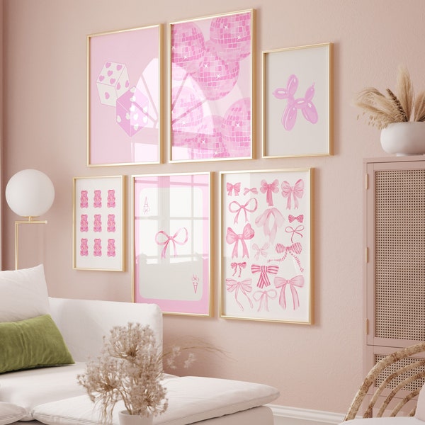 Rosa Wandkunst-Set, trendiges Galerie-Wand-Set mit 6 rosa Kunstdrucken, Preppy-Drucke, College-Wohnheim-Dekor, rosa Kunstdrucke, ästhetische Drucke, Schleifen-Wandkunst