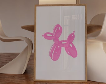 May include: A framed print of a pink balloon animal shaped like a dog. The print is on a white background and is framed in a light wood frame.