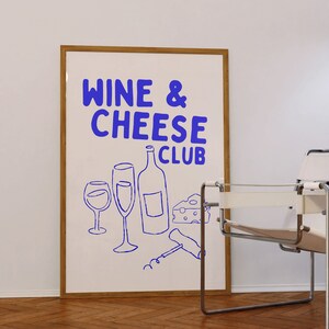 Wine And Cheese Club Print Kitchen Wall Art Bar Cart Prints Kitchen Decor Blue Art Print Trendy  Wall Art Vintage Kitchen Printable
