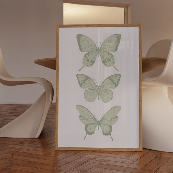 Green Poster Butterfly Wall Art Sage Green Art Prints Trendy Digital Prints Preppy Dorm Decor Trendy Art Prints Retro Print Printable Prints