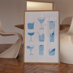 Blue Bar Cart Poster Trendy Wall Art Cocktail Art Prints Preppy Poster Dorm Art Prints Girly Blue Wall Art Aesthetic Prints Blue Print