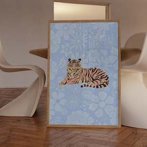 Blue Poster Tiger Wall Art Blue Art Prints Trendy Digital Prints Preppy Dorm Decor Trendy Art Prints Funky Print Yk2 Wall Art Preppy Art
