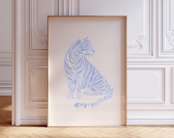 Tiger Wall Art Blue Wall Art Preppy Room Decor Eclectic Prints Blue Dorm Poster Trendy Printable Art Aesthetic Wall Art Light Blue Wall Art