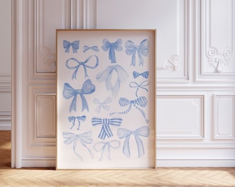 Blue Bows Art Print, Trendy Ribbon Poster (Digital Download)
