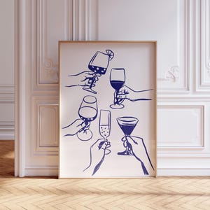 Navy Blue Bar Cart Print Trendy Wall Art Navy Blue Aesthetic Retro Kitchen Poster Girly Wall Art Cocktail Prints Digital Prints Preppy Dorm