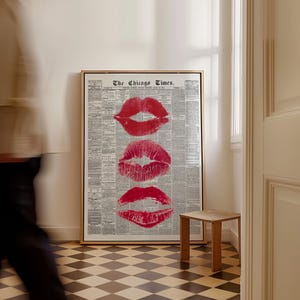Trendy Wall Art Newspaper Art Prints Black And White Poster Aesthetic Room Decor Vintage Retro Poster Girly Wall Art Kiss Lips Wall Art Dorm