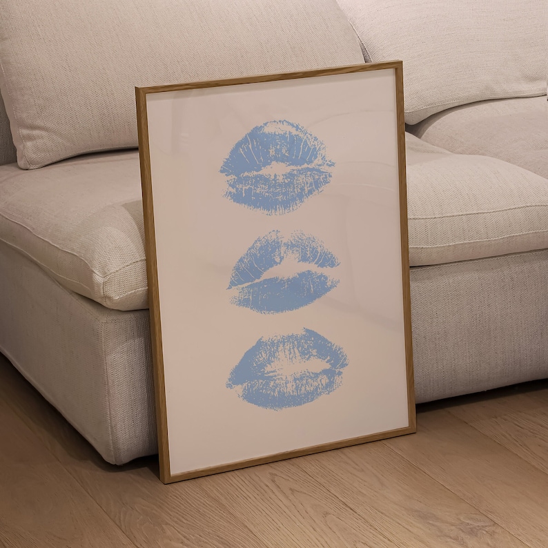 Blue Art Prints Kiss Lips Wall Art Trendy Wall Art Lips Print Preppy Dorm Digital Download Fashion Wall Art Aesthetic Wall Art Printable image 7