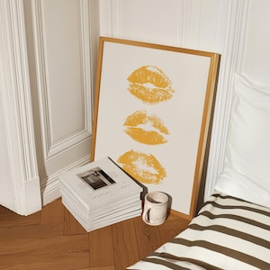 Yellow Art Prints Mustard Yellow Print Kiss Lips Wall Art Trendy Wall Art Preppy Dorm Decor Trendy Art Prints Funky Prints Teen Girl Decor