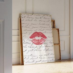 Trendy Art Prints 70s Style Wall Art Kiss Lips Wall Art Aesthetic Print Red Black Poster Prints Preppy Dorm Newspaper Print Fashion Wall Art