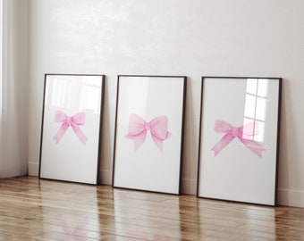 Pink Bow Print Set Of 3 Gallery Preppy Wall Art Balletcore Poster Nursery Girly Decor Coquette Print Trendy Printable Trendy Apartment Decor