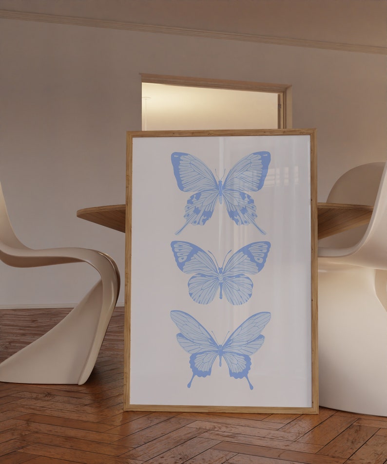 Blue Poster Butterfly Wall Art Blue Art Prints Trendy Digital Prints Preppy Dorm Decor Trendy Art Prints Funky Print Yk2 Wall Art Preppy Art image 1