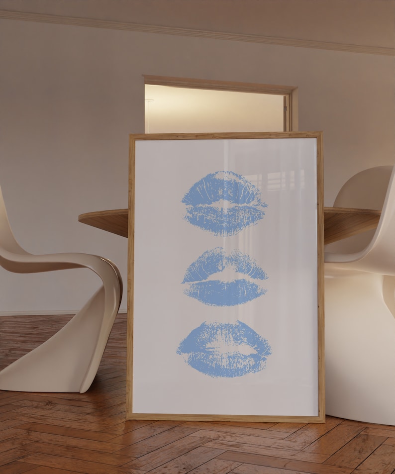 Blue Art Prints Kiss Lips Wall Art Trendy Wall Art Lips Print Preppy Dorm Digital Download Fashion Wall Art Aesthetic Wall Art Printable image 3