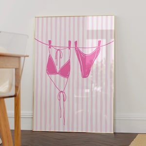 Pink Bikini On Clothesline Print College Apartment Decor Coastal Beachy Dorm Room Posters Trendy Beach House Wall Art Girly Aesthetic Prints