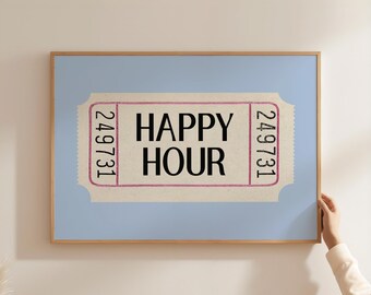 Happy Hour Ticket Print, Retro Blue Bar Cart Decor (Digital Download)