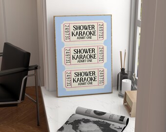 Shower Karaoke Ticket Print, Blue Bathroom Wall Art (Digital Download)