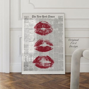Trendy Wall Art Newspaper Art Prints Red Wall Art Aesthetic Room Decor Vintage Retro Poster Girly Wall Art Kiss Lips Wall Art Dorm Printable