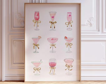 Cocktails Print | Pink Wall Art | Pink And Gold Poster | Trendy Preppy Print |  Bar Cart Art (Digital Download) Pink Golden