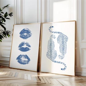 Navy Wall Art Set Trendy Retro Poster Blue Art Print Trendy Kiss Lips Digital Prints Preppy Aesthetic Dorm Room Decor Printable Art Cheetah