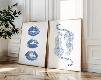 Blue Lips & Cheetah Prints, Trendy Wall Art Set (Digital Prints)