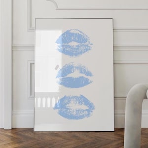 Blue Art Prints Kiss Lips Wall Art Trendy Wall Art Lips Print Preppy Dorm Digital Download Fashion Wall Art Aesthetic Wall Art Printable