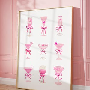 Trendy Pink Wall Art Bar Cart Pink Dorm PrintRetro Watercolor Champagne Cocktail Poster Aesthetic Girly Bar Cart Art Preppy Pink Posters