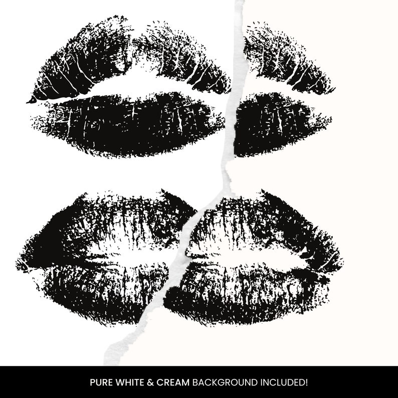 May include: Two black lipstick kiss marks on a white background with a torn paper effect.  PURE WHITE & CREAM BACKGROUND INCLUDED! is written at the bottom of the image.
