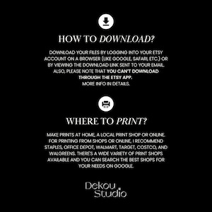 Puede incluir: Gr&aacute;fico en blanco y negro con texto sobre c&oacute;mo descargar e imprimir archivos digitales. El texto incluye instrucciones sobre c&oacute;mo descargar desde Etsy y sugiere lugares de impresi&oacute;n como Staples y Office Depot. El logotipo de Dekou Studio est&aacute; en la parte inferior.