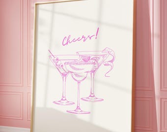 Pink Cocktail Art Print, Cheers Bar Cart Decor (Digital Print)
