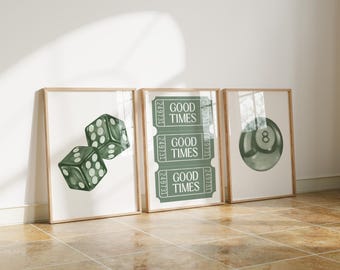 Green Dice, Tickets, 8-Ball Art Prints | Trendy Wall Decor (Set of 3) (Digital Download)