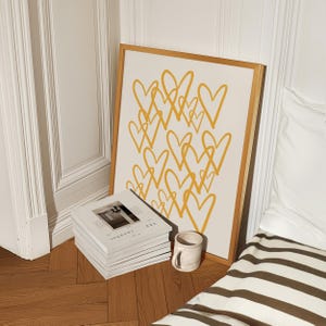 Mustard Yellow Print Grafitti Hearts Wall Art Yellow Art Prints Trendy Digital Prints Preppy Dorm Decor Trendy Art Prints Funky Print