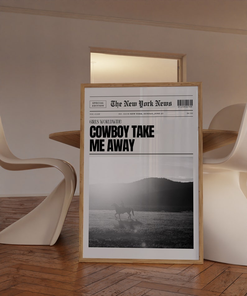 May include: A black and white newspaper print with the headline "COWBOY TAKE ME AWAY" and a photo of a person riding a horse in a field.