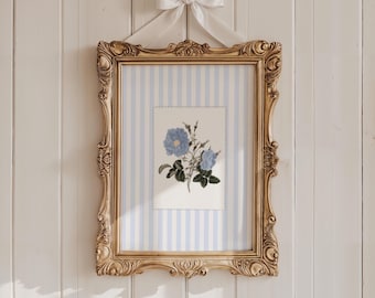 Blue Floral Wall Art, Trendy Striped Flower Print, Girly Coastal Granddaughter Dorm Decor, Cottage Core Poster